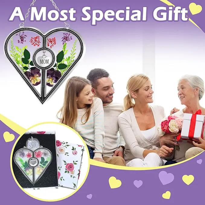 KY&BOSAM Heart Suncatcher Mom Stained Glass for Windows Hangings Wind Chimes with Pressed Flower Heart in Glass with Metal Trim Heart Charm Birthday Gifts for Women Mother`s Day Christams Home Decor by GreenHaven Gardens
