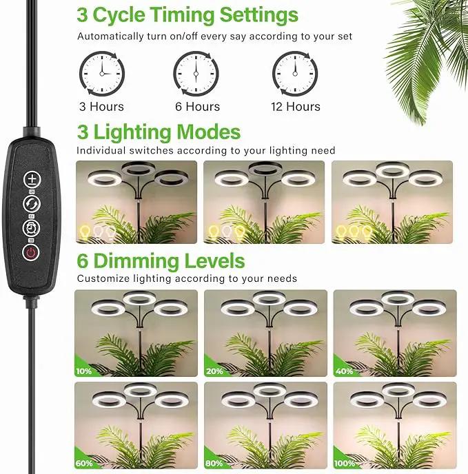 LORDEM Grow Light for Indoor Plants, 7.9" Diameter Tri-Head Plant Light for Plants Growing, Full Spectrum Growth Lamp with Auto Timer 3/6/12H, 4 Dimmable Levels, 3 Lighting Modes, Adjustable Stand by GreenHaven Gardens