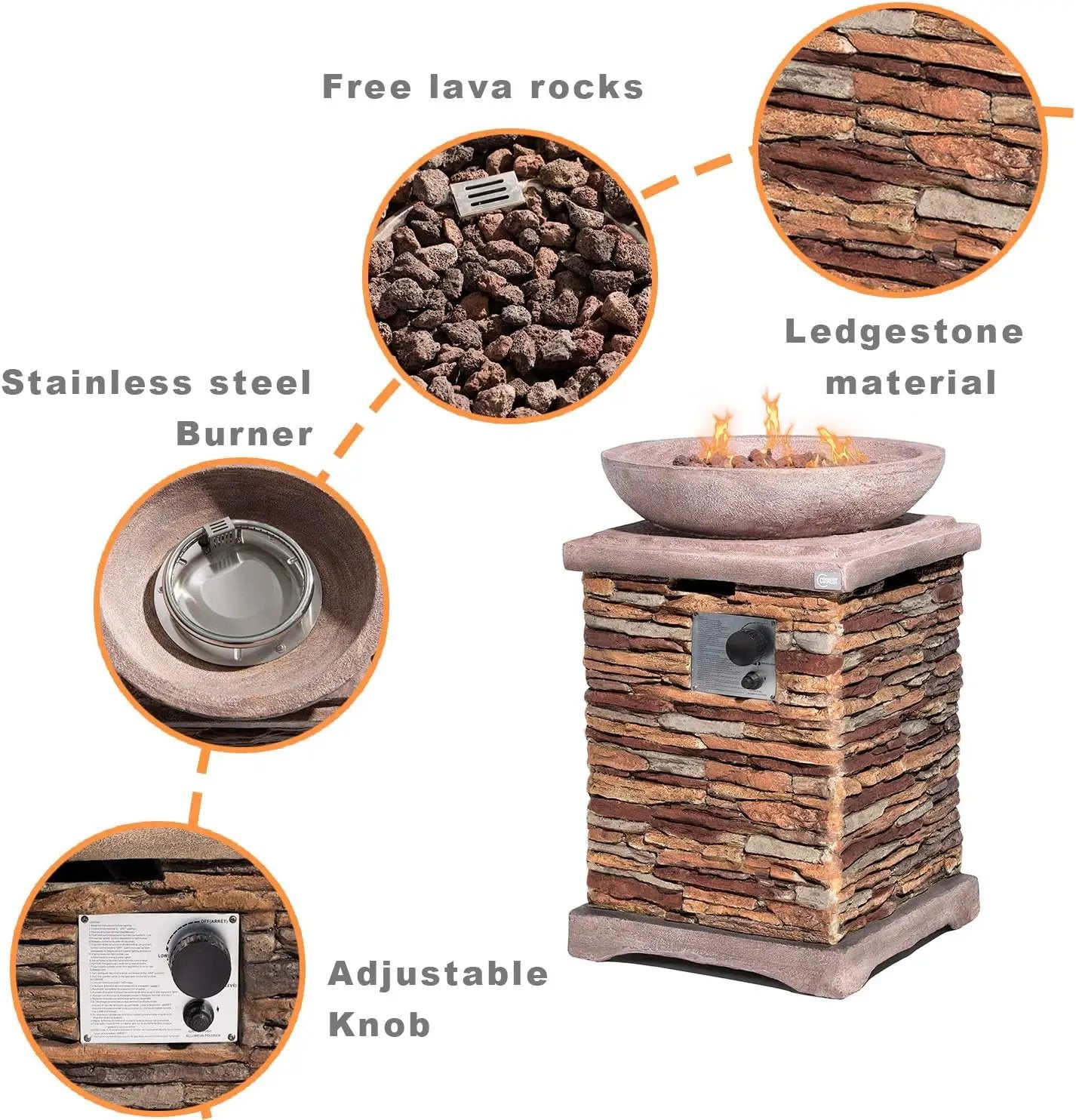 COSIEST Outdoor Propane Fire Pit Table w Faux Brown Compact Ledge Stone 20" Square Base and Faux Rose-Marble Round Bowl, CSA Certified, 40,000 BTU, Free Lava Rocks, Fits 20lb Tank Inside, Raincover by GreenHaven Gardens
