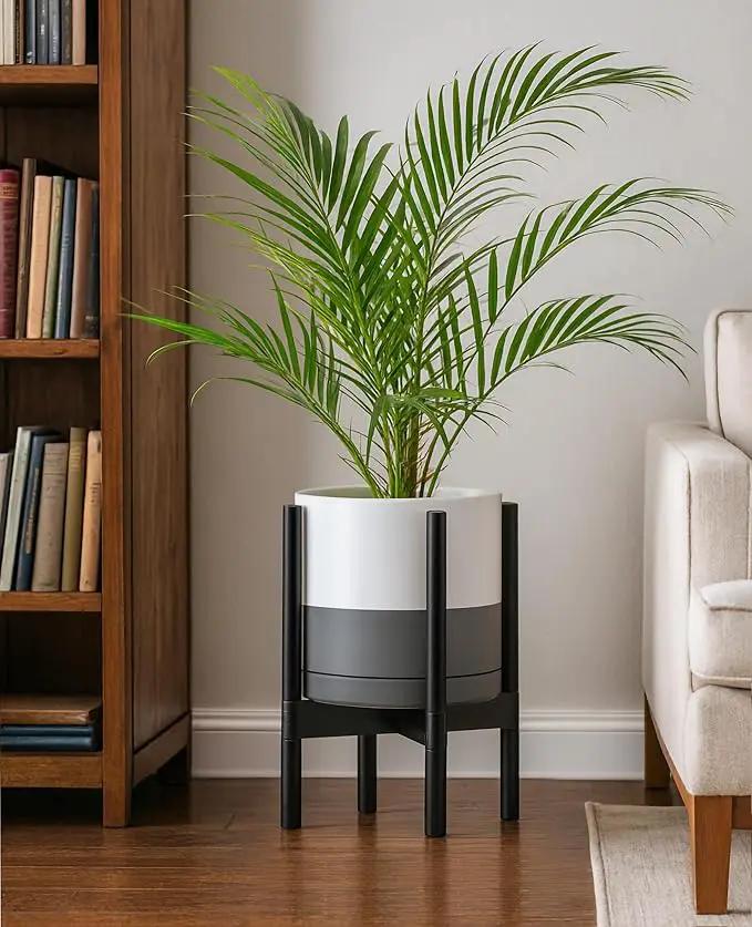 D'vine Dev Ceramic Planter with Ebony Stand - 10 Inch Modern Round Flower Pot with Wood Planter Holder, White/Grey, 55-B-L-6 by GreenHaven Gardens