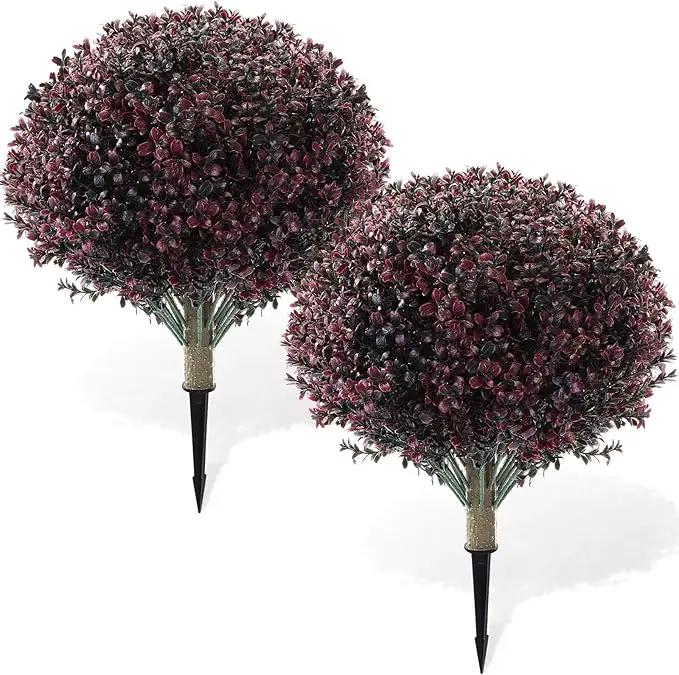 Yunlly 2 Pack 18" Artificial Boxwood Ball Bush Topiary Trees Fake Outdoor Plants, Realistic UV Resistance Faux Shrubs with Spike Greenery Topiary for Front Porch Garden Yard Patio Indoor (Dark Purple) by GreenHaven Gardens