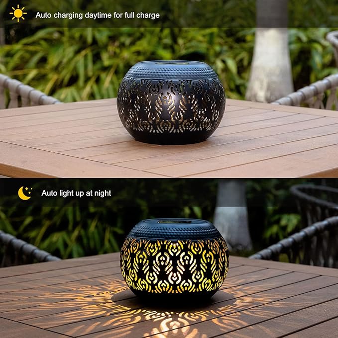 Solar Table Light Outdoor Waterproof- Solar Powered LED Lamp Hollowed-Out Black Peacock Feather Metal Desktop Decorative Lantern for Indoor Desk Bedroom Patio Garden Pathway Yard by GreenHaven Gardens