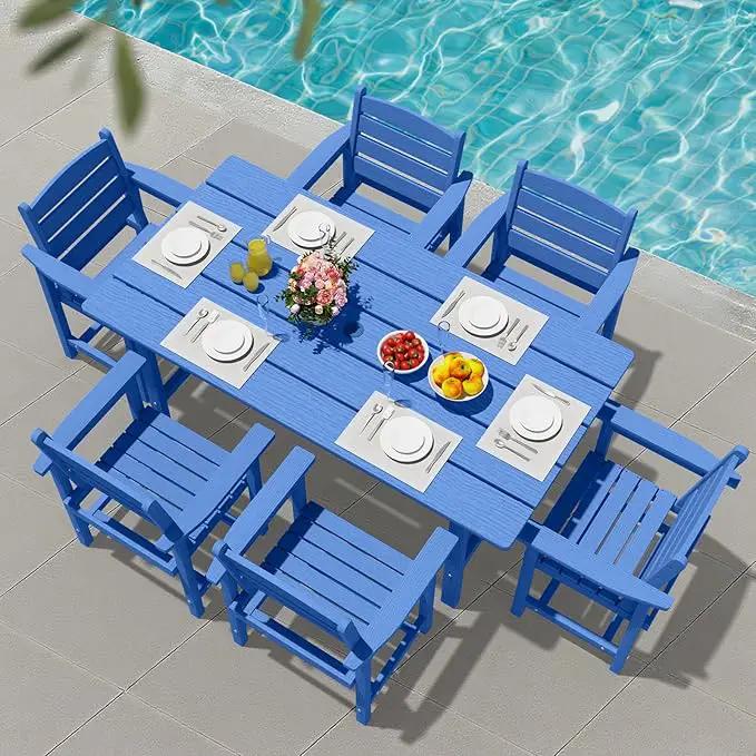 Patio Dining Set for 6 with Umbrella Hole - 66" Outdoor Table & 6 Chairs, All-Weather HDPE Outdoor Furniture for Lawn, Garden, Backyard, Poolside, Navy by GreenHaven Gardens