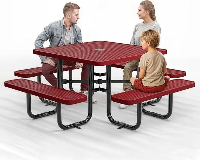 Metal Picnic Tables for Outdoors with Umbrella Hole - Coated Steel Heavy Duty Commercial Grade Table with Adjustable Seats (Red, 46 in, Square, Punched Steel) by GreenHaven Gardens