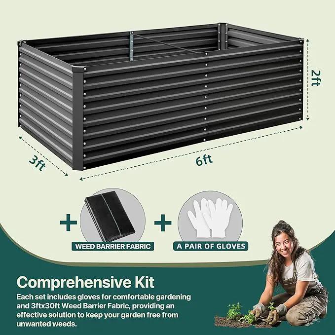 Raised Garden Bed 6x3x2ft, Galvanized Raised Garden Beds Outdoor for Vegetables Flowers Herbs, Steel Large Deep Planter Box, Tall Raised Garden Bed with 3ftx30ft Weed Barrier Fabric and Glove, Black by GreenHaven Gardens