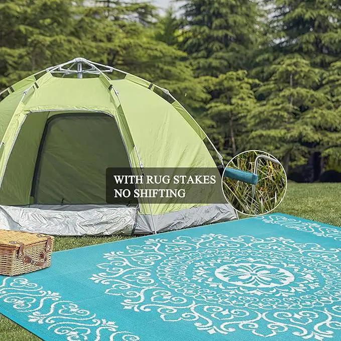 Pauwer Waterproof Outdoor Rug 9x12, Reversible Plastic Straw Patio Camping Rug, Indoor Outdoor RV Mat Carpet for Deck, Camper, Porch, Balcony, Backyard, Picnic, Floral Teal by GreenHaven Gardens