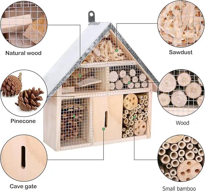 antiai Wooden Mason Insect Bee Butterfly House,Insect Hotel,an Outdoor Hanging Bamboo Habitat for Ladybugs Live,Bee Box,Butterfly Habitat for Garden,12.4 x 12 x 3.9 Inch by GreenHaven Gardens