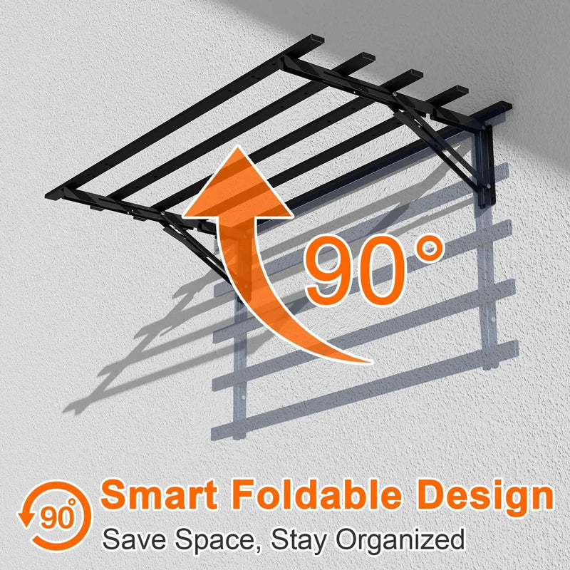 4-Pack Garage Storage System Shelves 3.21x1.64 ft - Compact Folding Wall Shelves for Garage, Sturdy Metal Wall Shelving with Hooks, Versatile Metal Hanging Shelf Design, Sleek Floating Black Shelf by GreenHaven Gardens