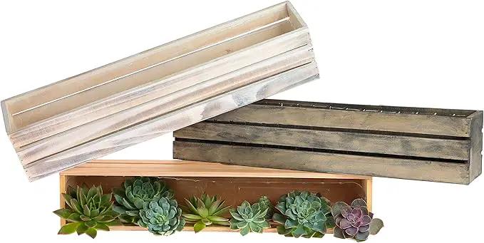 20" Rectangular Rustic Wood Planter with Plastic Liner l Rustic Whitewash l Wine Crate Style, Home and Wedding Decorations, Garden Ornaments (20x4 Wine Crate Set of 2, Whitewash) by GreenHaven Gardens
