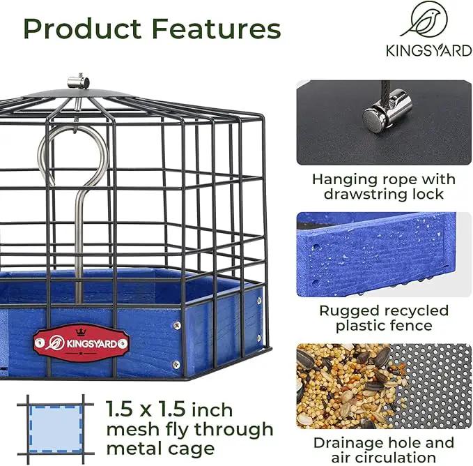 Kingsyard Squirrel Proof Platform Bird Feeder for Outdoor Hanging, Caged Bird Feeder for Bluebird Mealworm, Recycled Plastic Feeding Platform with Metal Mesh Tray, Special for Small Birds, Blue by GreenHaven Gardens