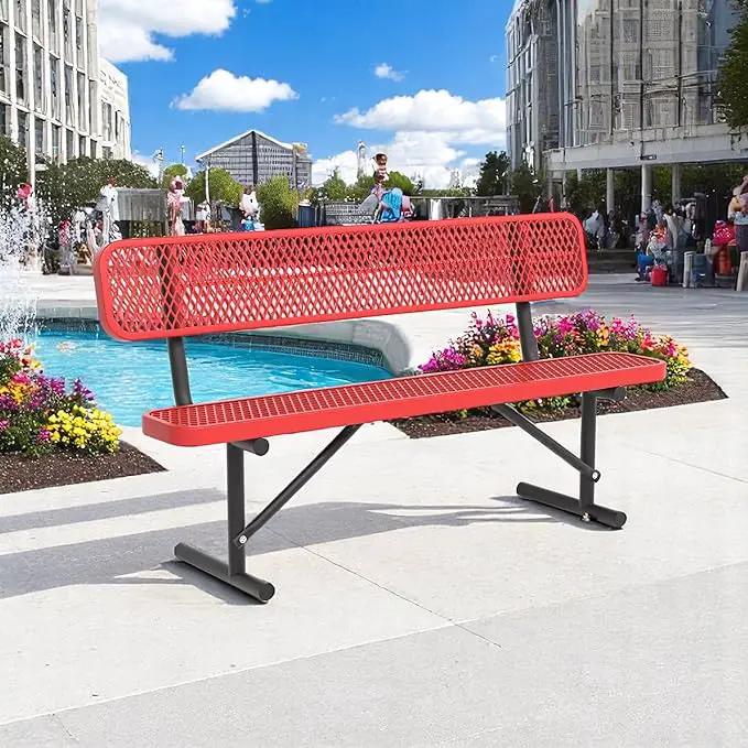 Heavy Duty Park Bench with Back Portable Frame, Outdoor Steel Bench with Backrest, Red Metal Bench Seat Expanded Metal Mesh Bench for Lawn, Park, Deck, Garden, Patio, Porch, Black (Red, 6FT) by GreenHaven Gardens
