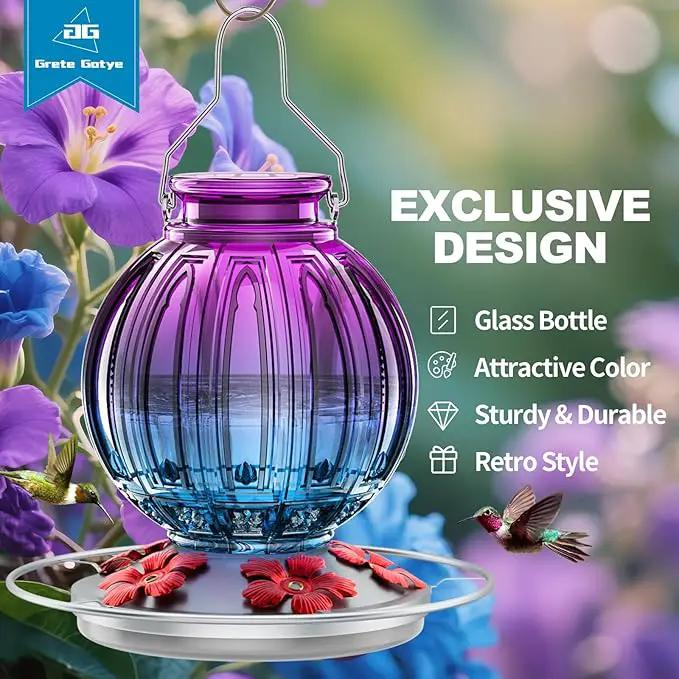Glass Hummingbird Feeder for Outdoors Hanging, 26Oz Bird Nectar Feeder with Perch & 5 Flower Feeding Ports, Leak Proof for Outside Garden Decor Backyard, Gifts for Women Mom, Purple Blue by GreenHaven Gardens