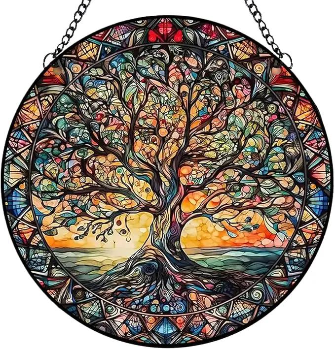 Tree of Life Suncatcher Indoor/Outdoor Stained Glass Window Hanging - Handmade Stained Glass Suncatchers for Windows Hanging - Decoration for Home Garden Christmas Party Wedding Housewarming Gifts by GreenHaven Gardens