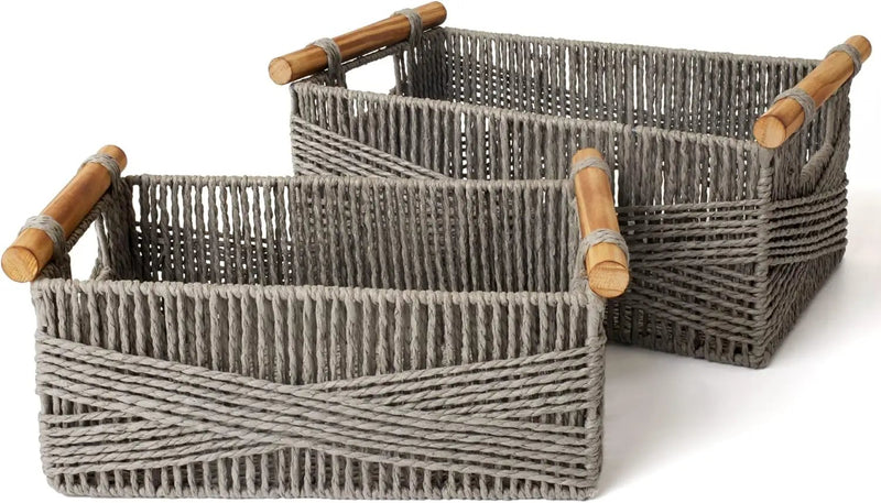 LA JOLIE MUSE Wicker Storage Baskets for Organizing, Recyclable Paper Rope Basket with Wood Handles, Decorative Hand Woven Basket Organizers for Makeup Books Shelves Living Room, Grey, Set of 2 by GreenHaven Gardens
