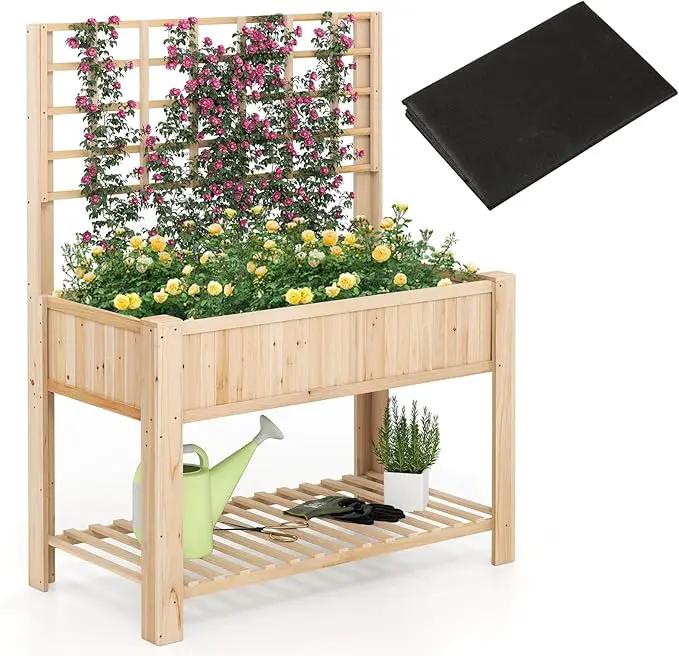 Giantex Raised Garden Bed with Trellis, Wooden Elevated Planter Box with Legs, Drainage Holes for Climbing Plants Vines Vegetables Flowers Herbs, Outdoor Horticulture Planter for Patio Yard by GreenHaven Gardens
