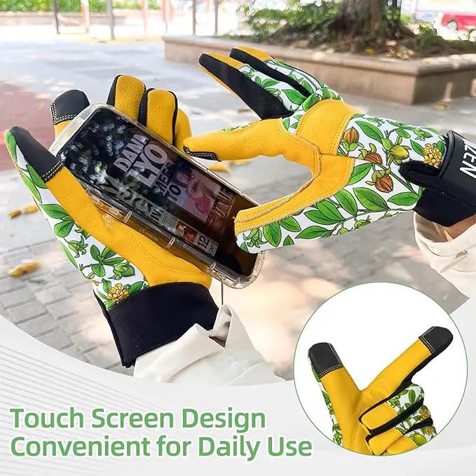 Cowhide Leather Thorn Proof & Puncture Resistant Gardening Gloves for Women, Touchscreen Compatible Working Gloves for Weeding, Digging, Planting, Gardening Gifts for Women (Green bellflowers, Medium) by GreenHaven Gardens