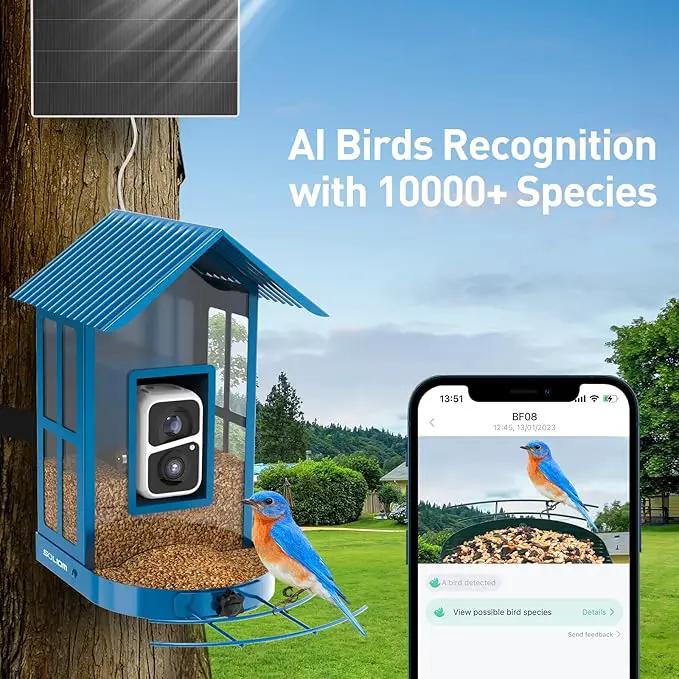 Bird Feeder with Camera with AI Identify Species, Wild Bird Watching, 2K Live View, Instant Arrival Alerts with 5W Solar Powered-Soliom BF08 Metal Blue by GreenHaven Gardens