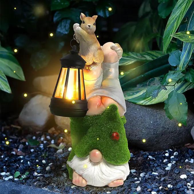 Garden Gnome with Squirrel Outdoor Statue,Flocked Gnome Statue Holding Lantern with Solar Lights,Outdoor Gnomes Decorations for Yard Patio Lawn Porch,Gifts for Mom by GreenHaven Gardens
