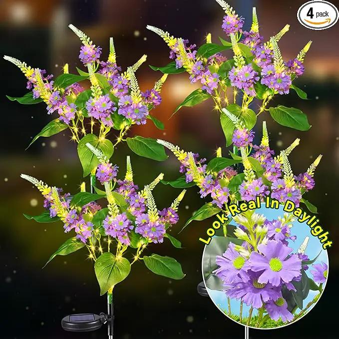 Neporal Solar Flowers Outdoor Waterproof Purple, Lilac Garden Solar Lights Decorative 4PK 8-Stem, 2 Lighting Modes, Solar Powered Garden Decor, Solar Yard Decor by GreenHaven Gardens