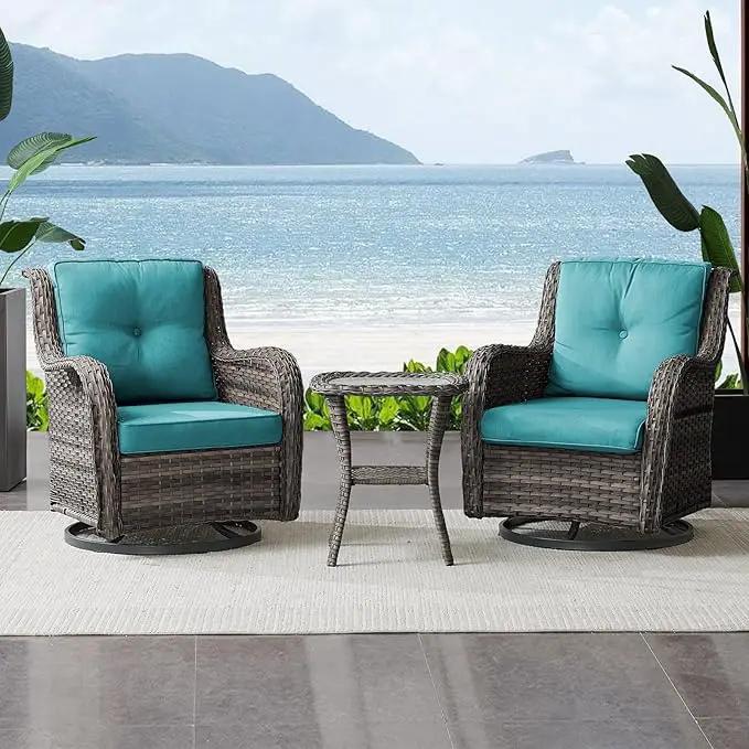 Outdoor Swivel Rocker Wicker Chairs Set of 3, High Back Swivel Patio Chairs Wicker Furniture Set, 2 PCS Rattan Swivel Rocking Chair with Side Table, Turquoise by GreenHaven Gardens