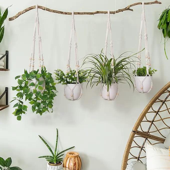YIBOT 2 Pack Macrame Plant Hanger Indoor Hanging Planter Basket with Wood Beads Decorative Flower Pot Holder No Tassels for Indoor Outdoor Boho Home Decor-35 Inch by GreenHaven Gardens