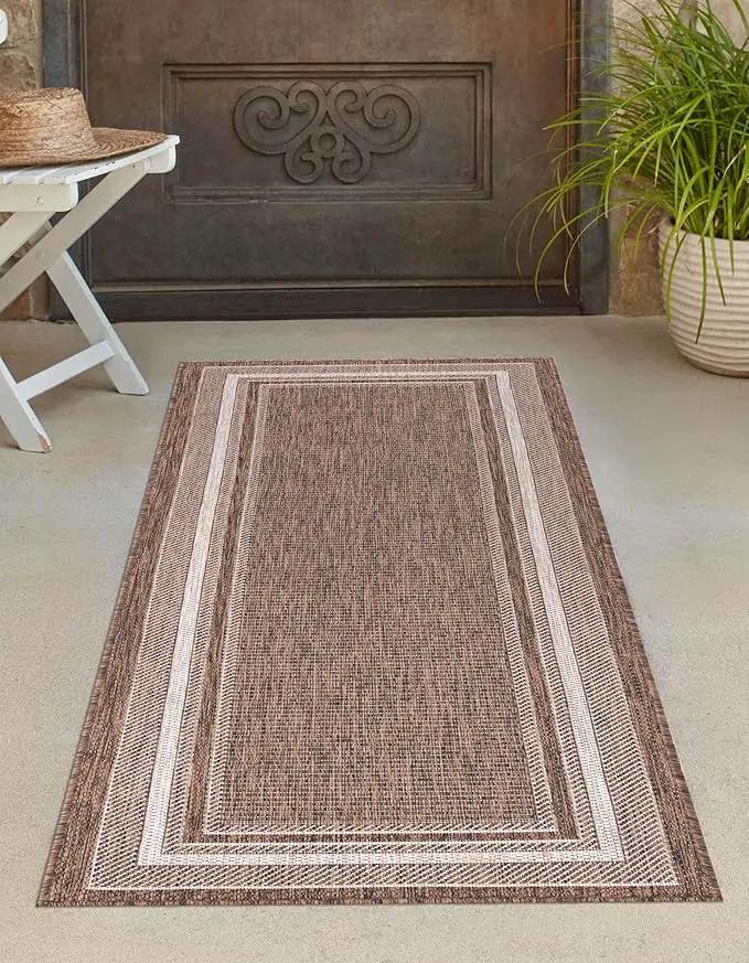 Unique Loom Outdoor Border Collection Area Rug - Soft Border (2' x 8' Runner, Brown/ Ivory) by GreenHaven Gardens