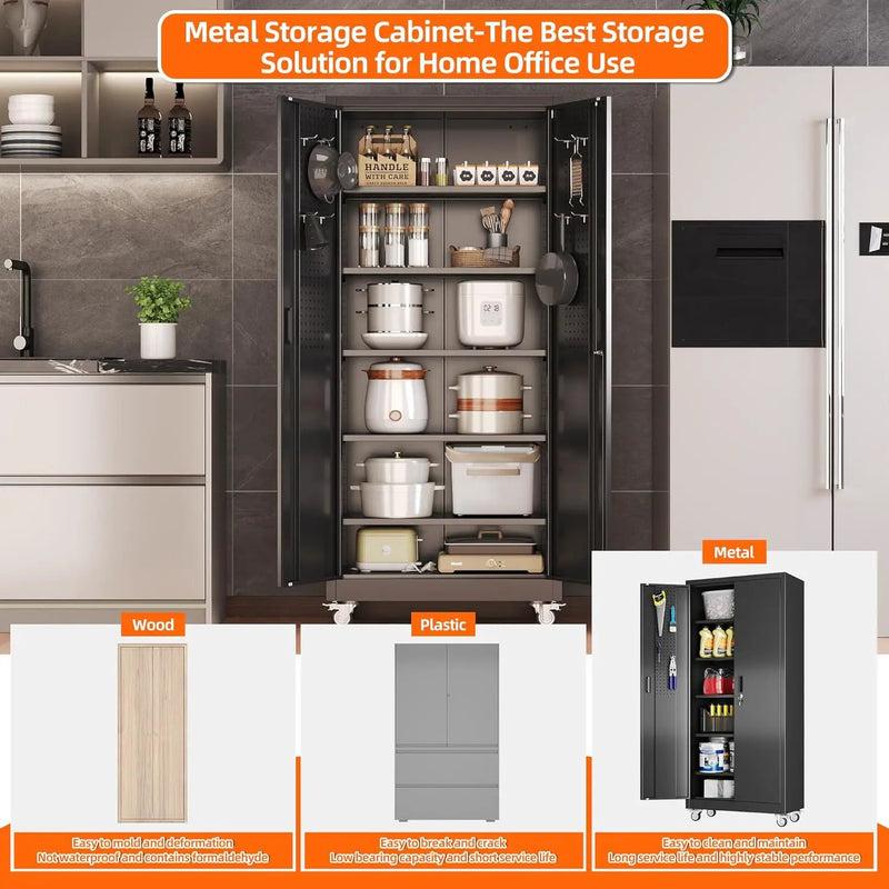 Aobabo 71" H×32" W×16" D Metal Storage Cabinet with Wheels, Garage Steel Storage Cabinet with 5 Adjustable Shelves and 4 Hooks for Home Office, Kitchen, Assembly Required, Black by GreenHaven Gardens