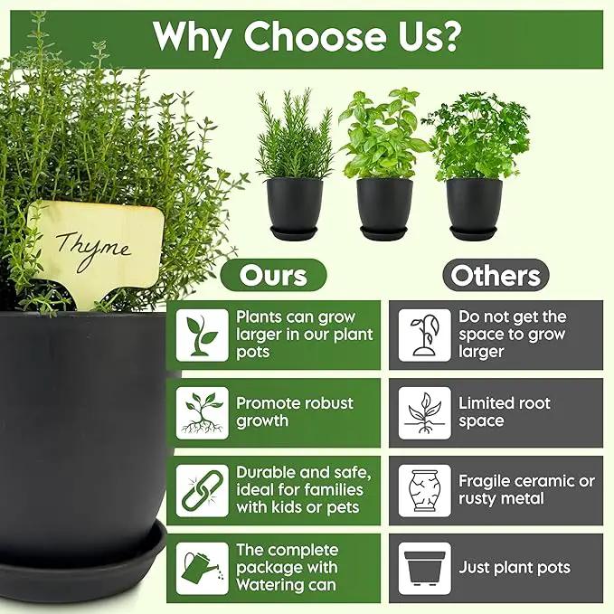 Indoor Garden Kit - Plant Pots with Drainage, Watering Can & Tools - Ideal Windowsill Planter Set - Modern Home & Kitchen Decor Gift - Black by GreenHaven Gardens
