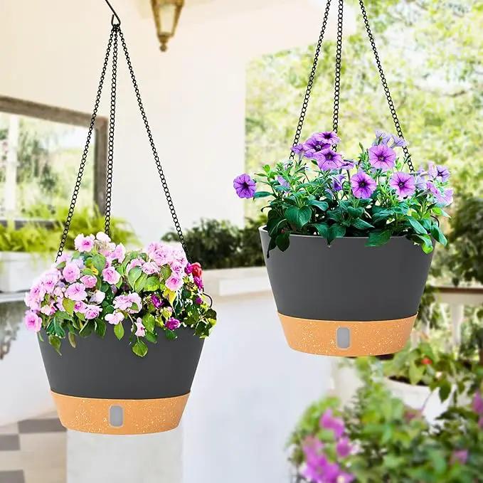 QCQHDU 2 Pack Hanging Planters for Indoor Outdoor Plants, 8 Inch Hanging Baskets Flower Pots with Reservoir Tray & Visible Water-Level by GreenHaven Gardens