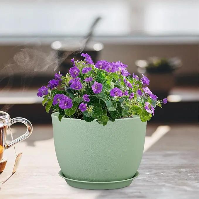 12 inch Big Plant Pots, Plastic Planters with Drainage Holes and Trays, Flower Pots for Indoor Outdoor Plants, Modern Decorative Pots for Garden House Plants, Green by GreenHaven Gardens