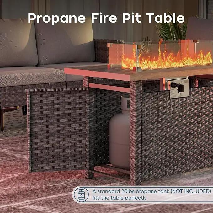 Propane Fire Pit Table Outdoor, 44" 60000BTU Auto-Ignition Fire Pits Table with Wind Guard Square Large Wicker Propane Firepits for Porch Garden(Grey,CSA Certified) by GreenHaven Gardens