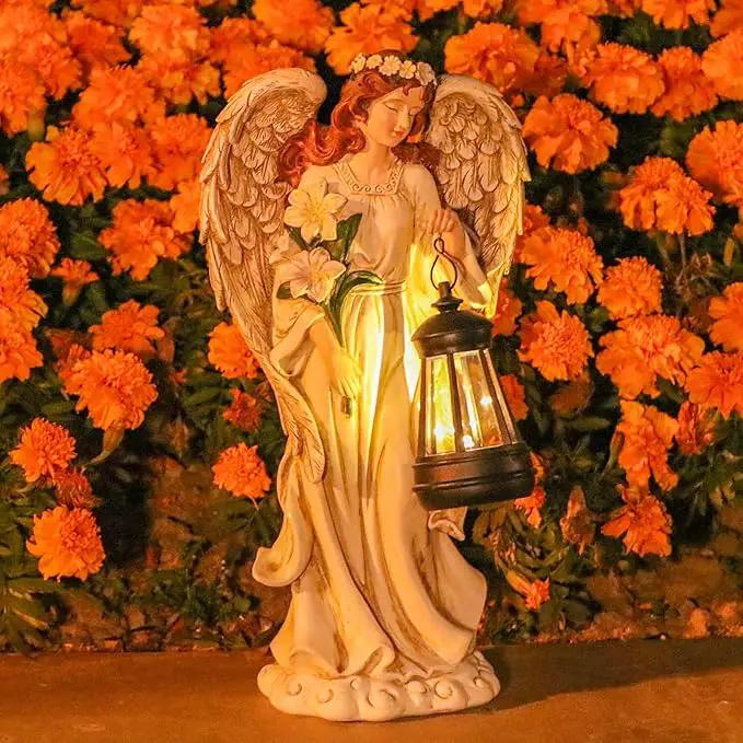 Solar Angel Outdoor Decor Garden Statues – 13.2 inches Angel Figurines Outdoor Sculptures with Solar Lantern for Outside Yard Art Patio Balcony Front Lawn Ornaments Gifts for Mom Grandma Women by GreenHaven Gardens