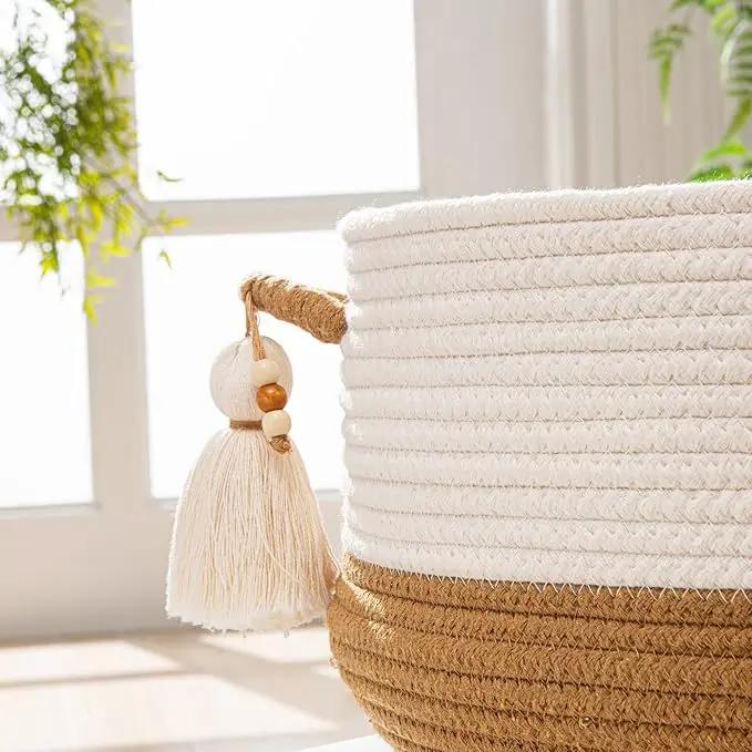 KAKAMAY Woven Baskets for Storage(16"x8"),Blanket Basket for Organizing Living Room,Cotton Rope Basket Woven Baby Laundry Hamper,Collapsible Laundry Room Organization,Clothes,Toy Chest(Brown) by GreenHaven Gardens
