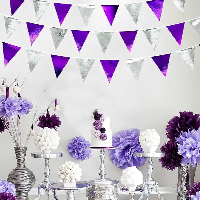 Purple and Silver Party Decorations Triangle Pennant Banner Flag Metallic Fabric Bunting Garland for Birthday Graduation Retirement Bachelorette Wedding Bridal Shower Engagement Disco Party Supplies by GreenHaven Gardens