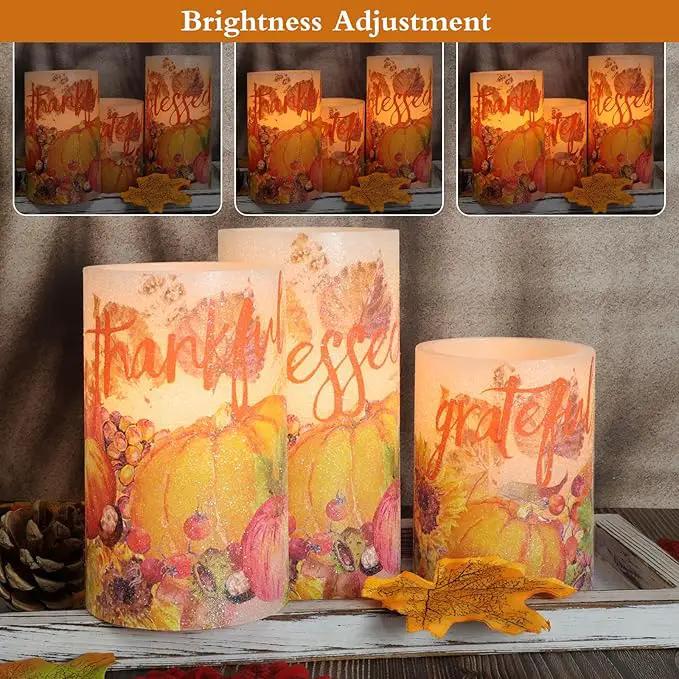 Thanksgiving Blessings LED Candles Pumpkin Glitter Desgin Real Wax Flickering Flameless Fall Harvest Battery Operated with Remote Timer 6H for House Warming Gifts New Home Table Tary Decor by GreenHaven Gardens