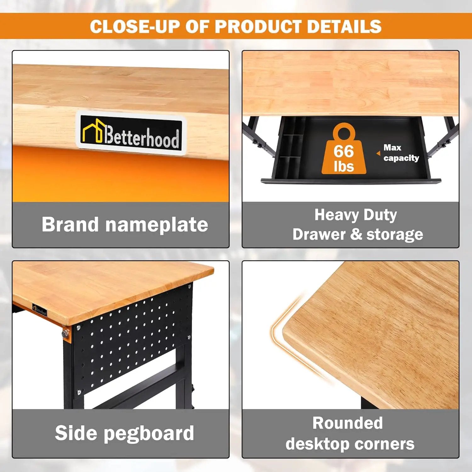 60" Heavy-Duty Adjustable Workbench for Garage, Rubber Wood Shop Table W/Double Pegboards & Drawer,Hardwood Workstation Weight Capacity Over 2000 Lbs by GreenHaven Gardens