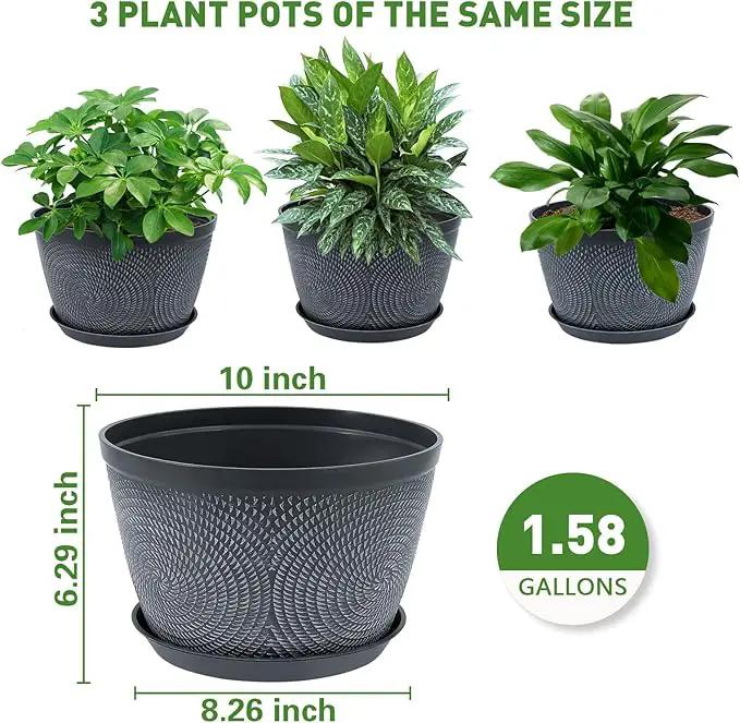 Quarut 10 Inch Flower Pots Planters for Outdoor Indoor, 3 Pack Plastic Plant Pots with Drainage Hole & Tray, Modern Decorative Garden Pot with Saucer, planters for House (Gray) by GreenHaven Gardens