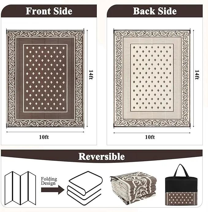 Pauwer Waterproof Outdoor Rug 10x14, Reversible Plastic Straw Patio Camping Rug, Indoor Outdoor RV Mat Carpet for Deck, Camper, Porch, Balcony, Backyard, Picnic, Bordered Brown by GreenHaven Gardens