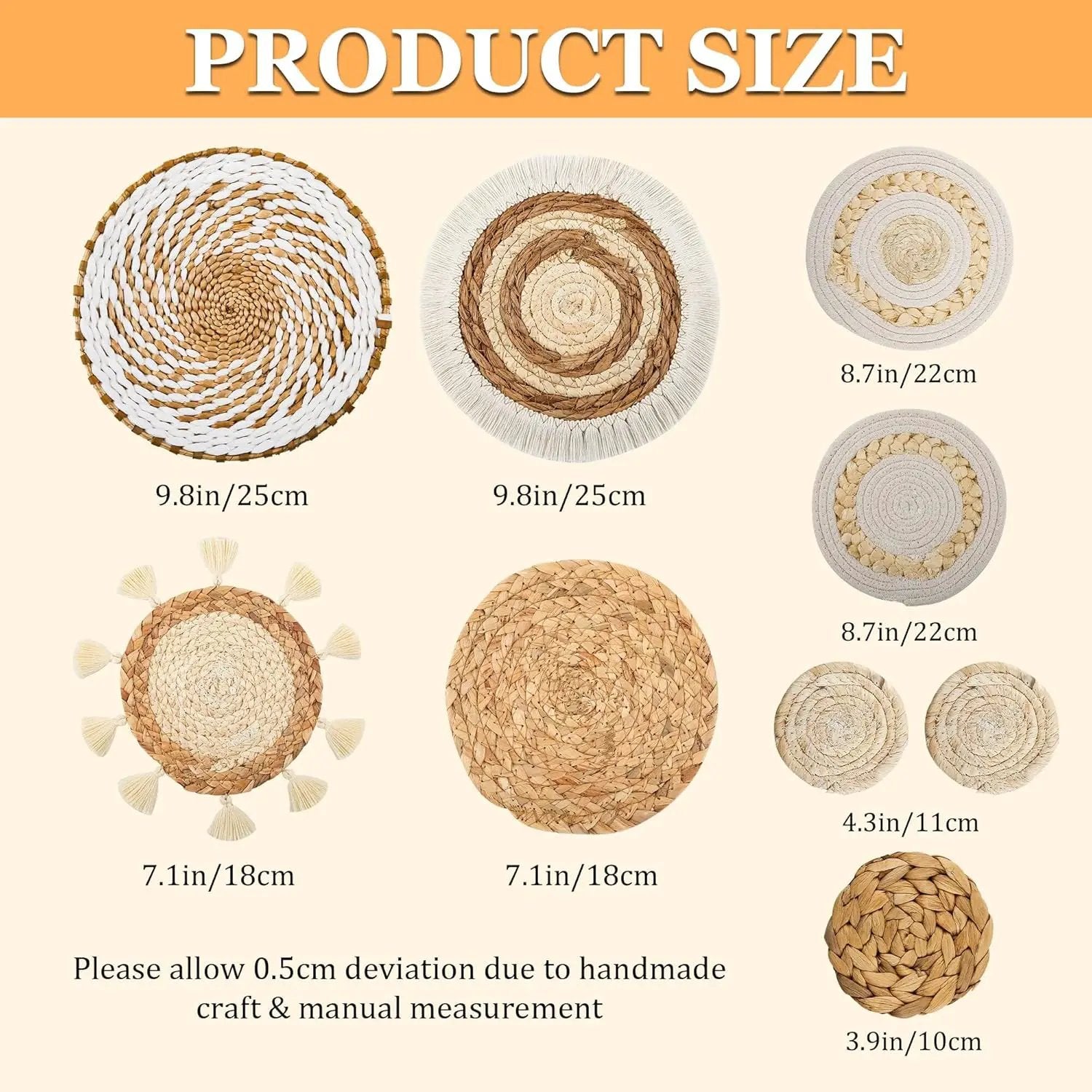 Boho Wall Basket Decor Set of 9, Woven Hanging Wall Decor Seagrass Rattan Wicker Round Handmade Rustic Flat Elegant Wall Art for Farmhouse Living Rooms Bedrooms Display Table Settings Kitchen Home by GreenHaven Gardens
