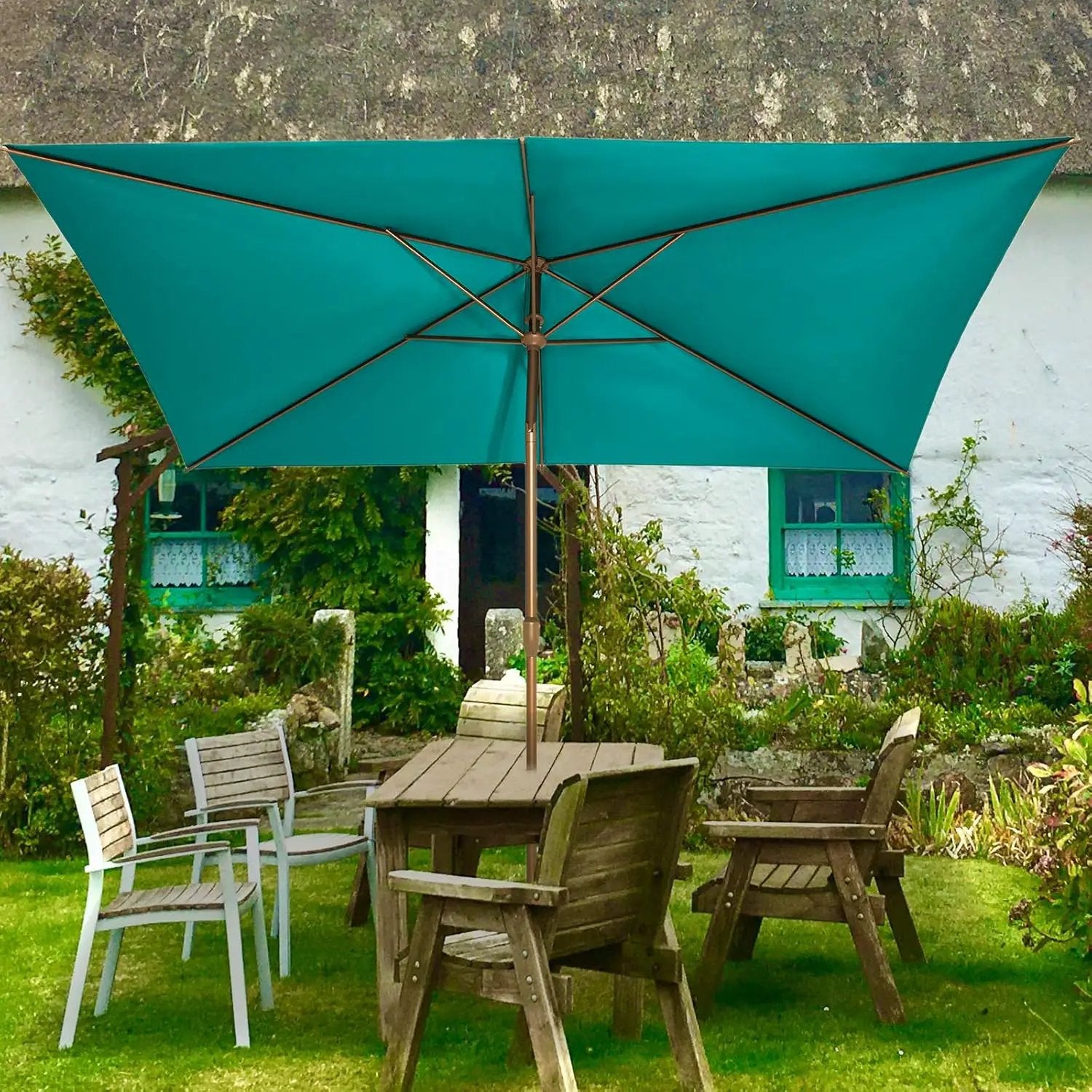 Ogrmar 6.5x10ft Patio Umbrella Rectangular Outdoor Table Umbrella with Crank & Push Button Tilt for Terrace, Backyard, Garden, Courtyard, Swimming Pool, Lawn (Turquoise) by GreenHaven Gardens