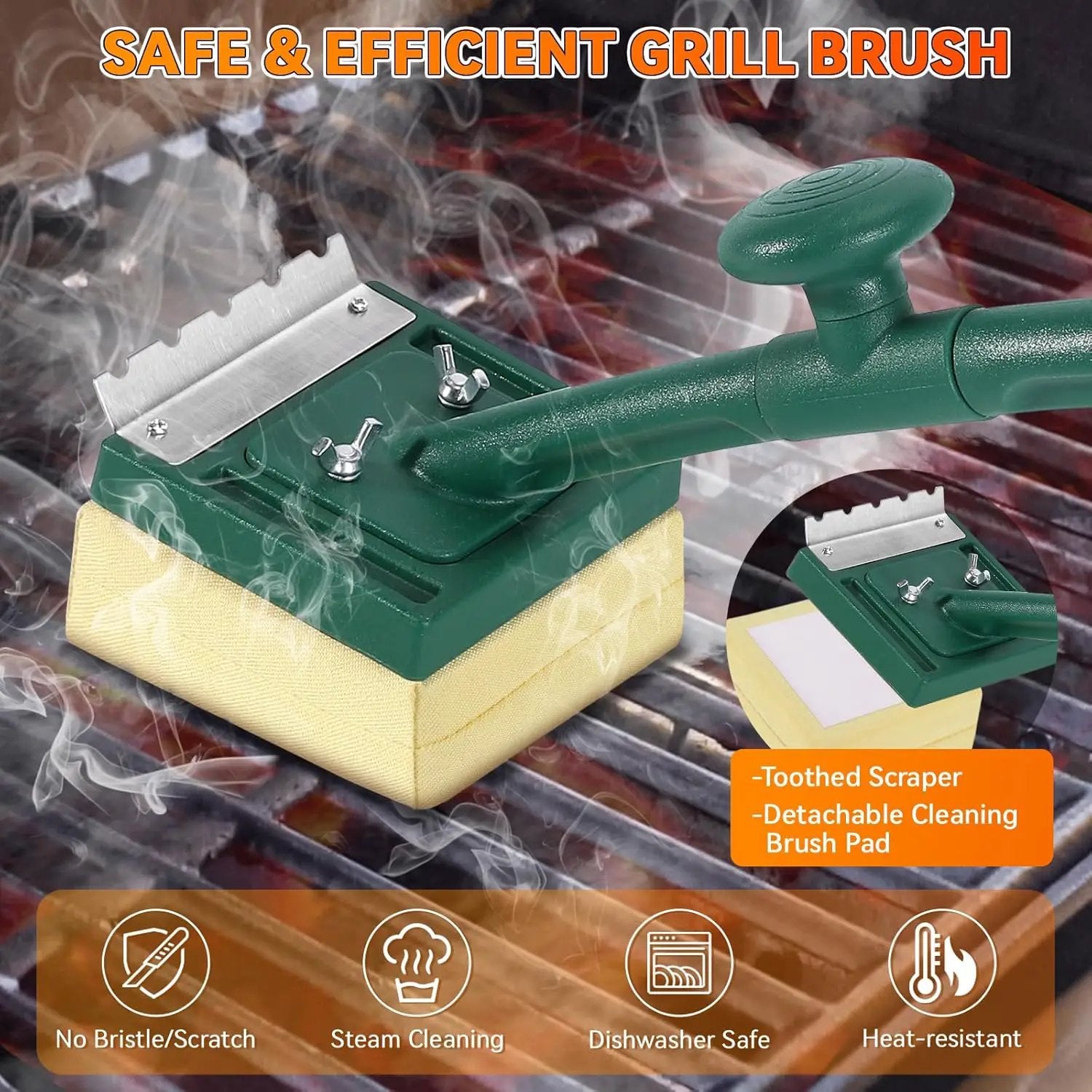 Grill Brush Bristle Free with Scraper,22" Extra Long Steam Grill Brush for Outdoor Grill,Replaceable Cleaning Head,Safe Grill Cleaner for Cast Iron/Stainless-Steel Grates,Ideal BBQ Gifts for Men Dad by GreenHaven Gardens