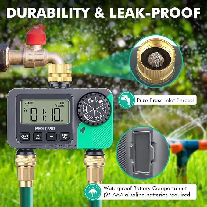 RESTMO Water Timer for Garden Hose, Sprinkler Timer with Brass Inlet, Automatic Digital Control | Manual ON/Off | Rain Delay, for Outdoor Faucet, Drip Irrigation and Lawn, 2 Outlet by GreenHaven Gardens