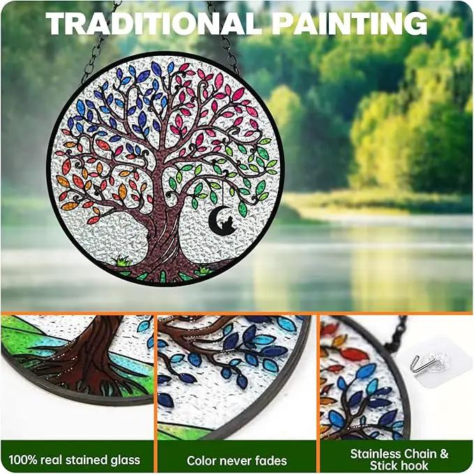 Artificial Trees of Life Suncatchers for Home Decorative Hanging Ornaments with Stick Hook for Window Hanging Hand-Painted Fake Plants Tree&Cat Memorial Gifts for Women 6.3'' * 6.3'' by GreenHaven Gardens