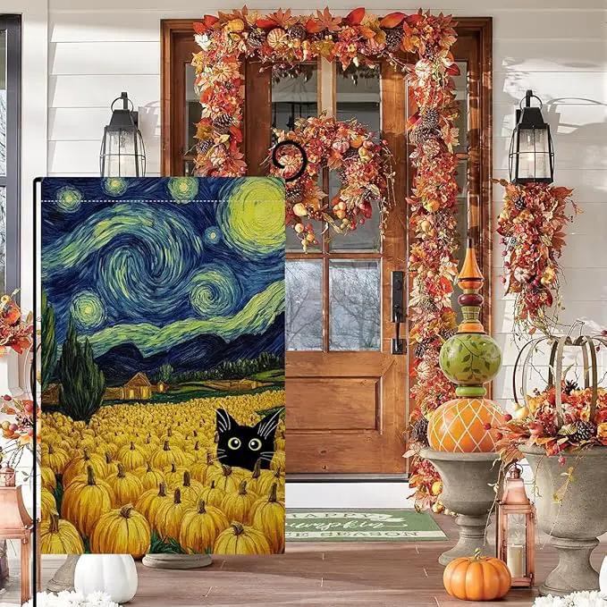 BLKWHT Fall Pumpkin Cat Garden Flag 12x18 Vertical Double Sided Blue Sky Autumn Thanksgiving Holiday Outside Decorations Burlap Yard Flag BW825 by GreenHaven Gardens