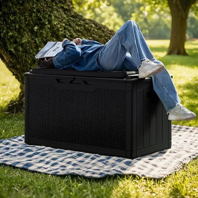 Greesum 100 Gallon Resin Deck Box Large Outdoor Storage with Cushions for Patio Furniture, Garden Tools, Pool Supplies, Weatherproof and UV Resistant, Lockable, Black by GreenHaven Gardens