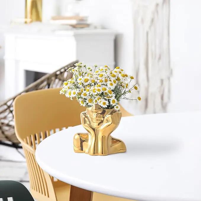 Gold Ceramic Human Face Decorative Vase - Shy Posture Modern Art Desktop Display for Bookshelf, Living Room, Office, Bedroom by GreenHaven Gardens