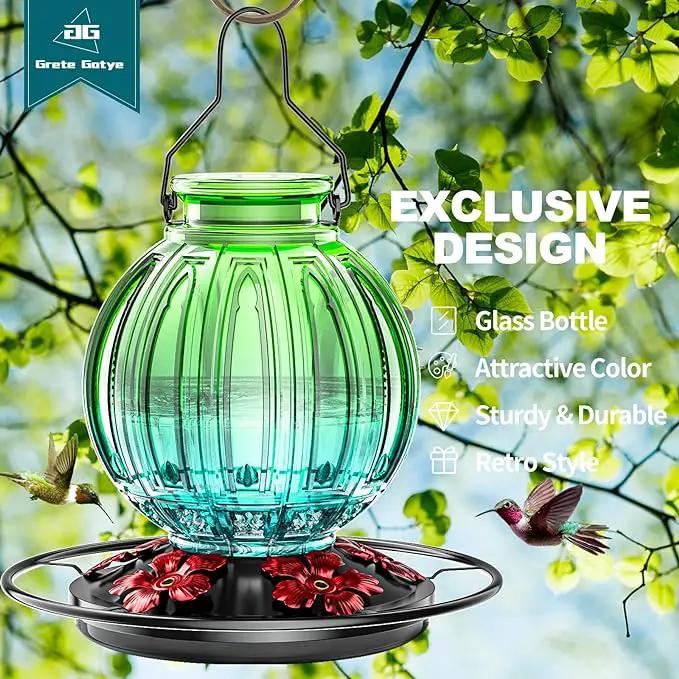 2 Pack Glass Hummingbird Feeder for Outdoors Hanging, Bird Nectar Feeder with Perch & 5 Flower Feeding Ports, 26 Oz Leak Proof for Outside Garden Decor Backyard, Gifts for Women Mom, Red & Green Blue by GreenHaven Gardens
