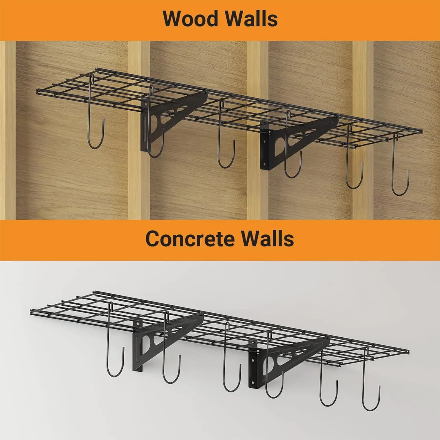 1x4 ft Garage Shelving with 6 Bike Hooks, 1-Pack Wall-Mounted Shelve for Garage, Kitchen, Pantry Storage, 150 lbs Total Load Capacity Wall Shelving, Black by GreenHaven Gardens