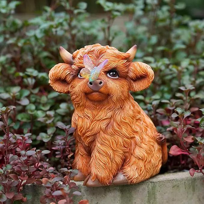 Highland Cow Solar Powered Outdoor Garden Statue, Resin Highland Cow Statue with Solar Light Lantern, Decorative Lawn, Yard Outdoor Highland Cow Decor. Unique home decorations, gifts for women by GreenHaven Gardens