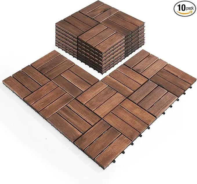 Pack of 10 Deck Tiles - 12"x12" Interlocking Natural Solid Acacia Wood for Outdoor & Indoor, Patio Garden, Balcony, Poolside - Dark Brown Color by GreenHaven Gardens